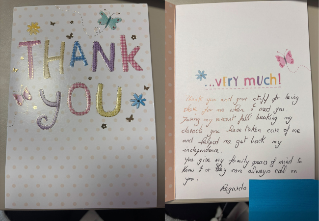 A thank you card for helping regain independence